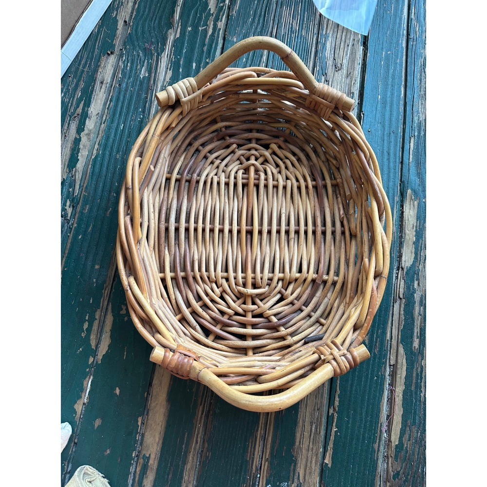 Vintage Wicker Rattan Oval Basket with Handles Rustic Boho Home Decor Storage